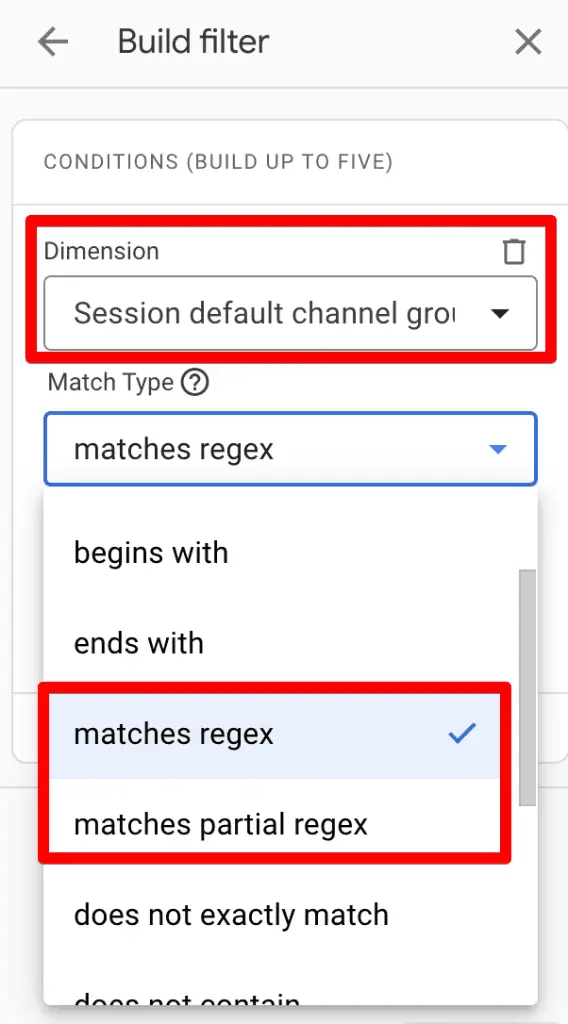 Selecting the match type for the filter