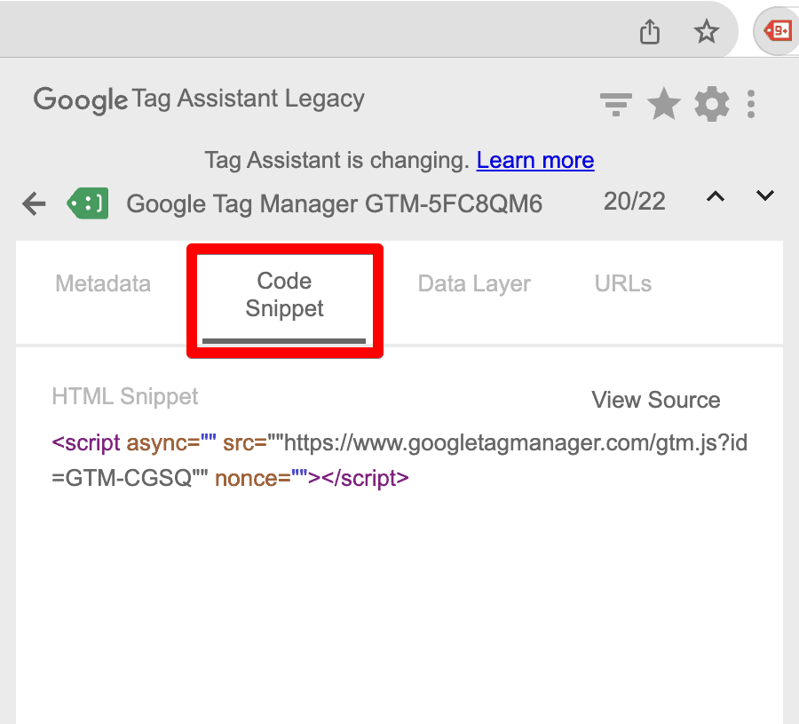Source code view in Google Tag Assistant