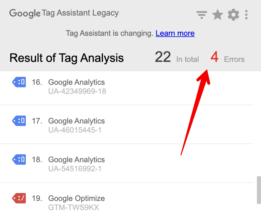 Tags with errors on the Google Tag Assistant main window