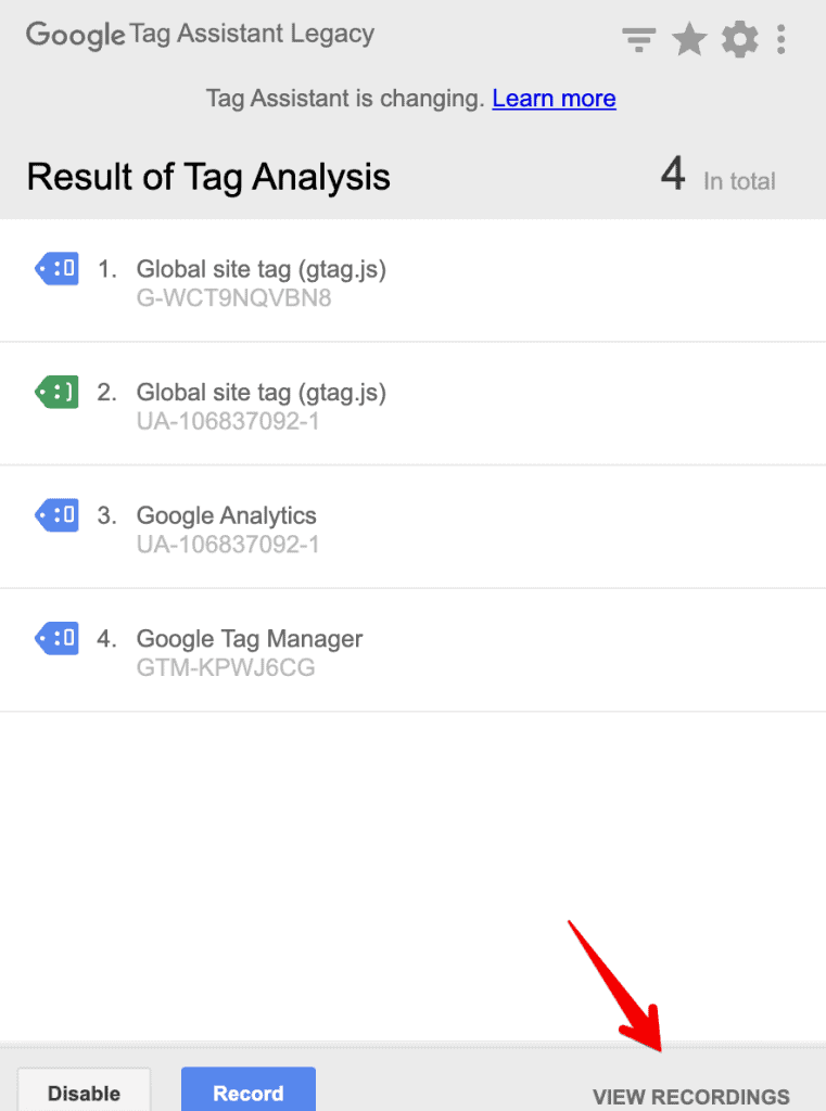 View recordings button