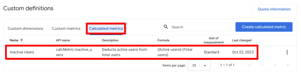 Calculated metrics tab in GA4 admin settings