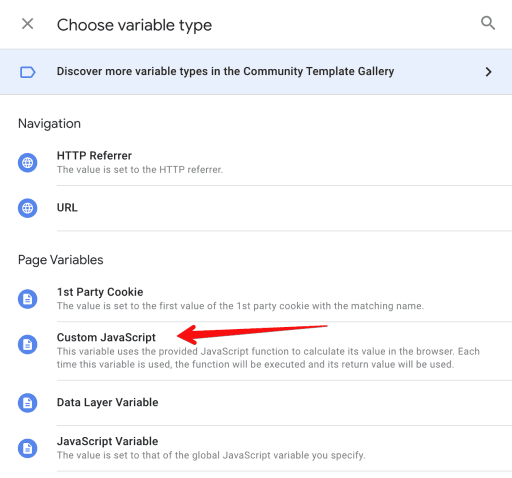 Choose a Variable type of Custom JavaScript