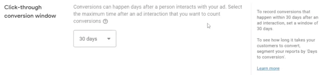Click-through conversion window field