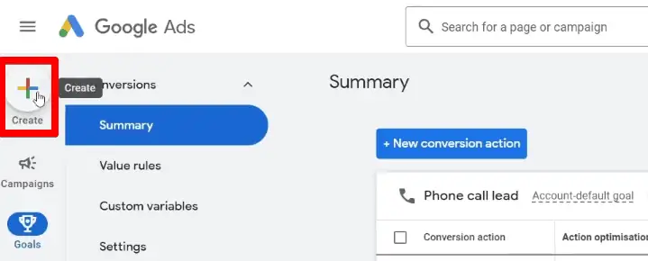 Clicking the Create button