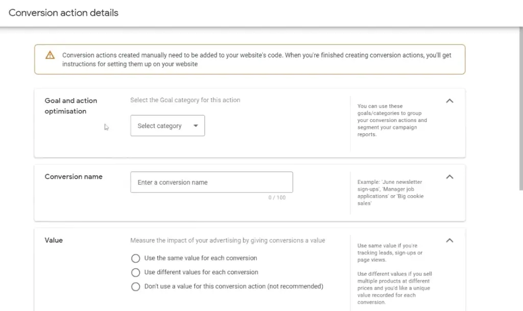 Conversion action details page