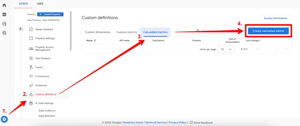 Create calculated metric in GA4 custom definitions interface