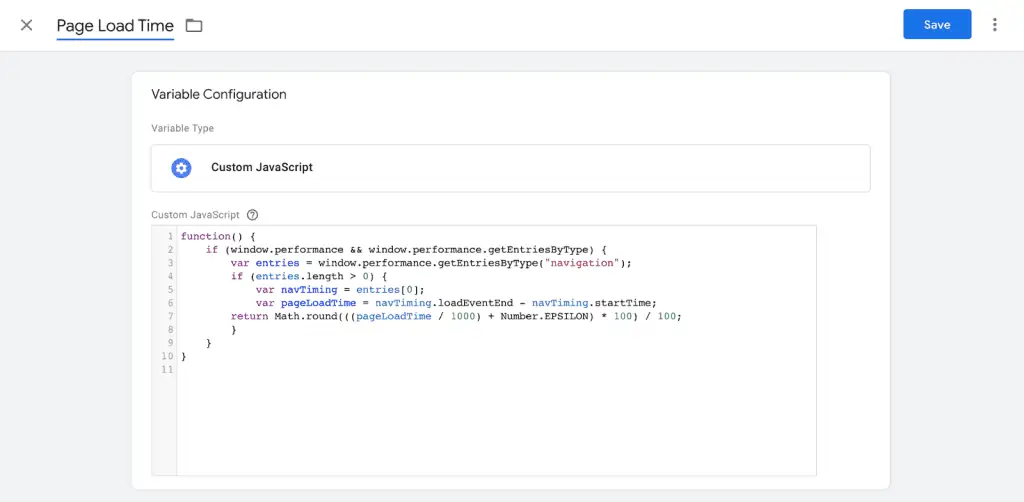 Custom JavaScript variable for page load time