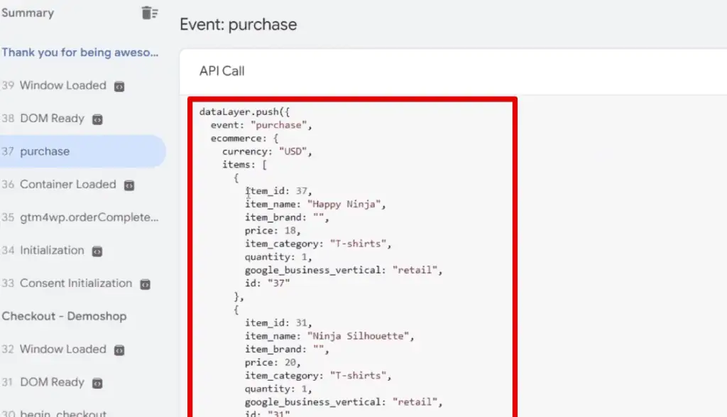 Data layer push for the purchase event