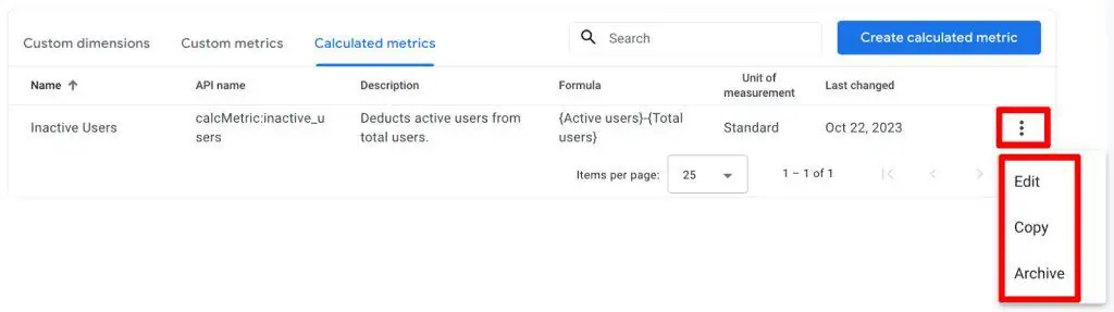 Edit, copy, and archive options in GA4