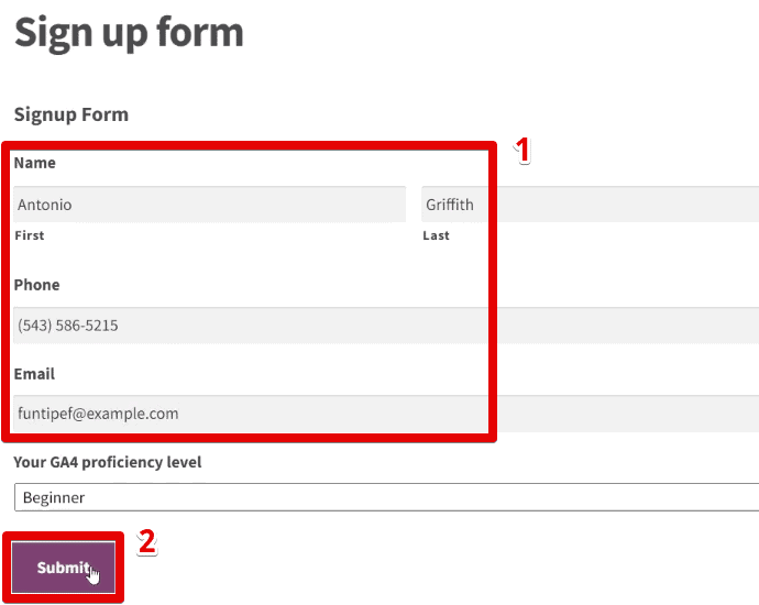 Filling out and submitting the sign-up form