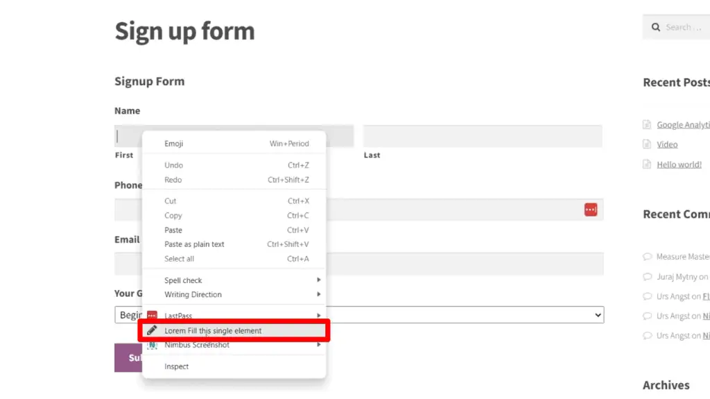 Filling the form field with Lorem Fill