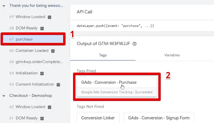 Firing of the conversion tracking tag during the purchase event