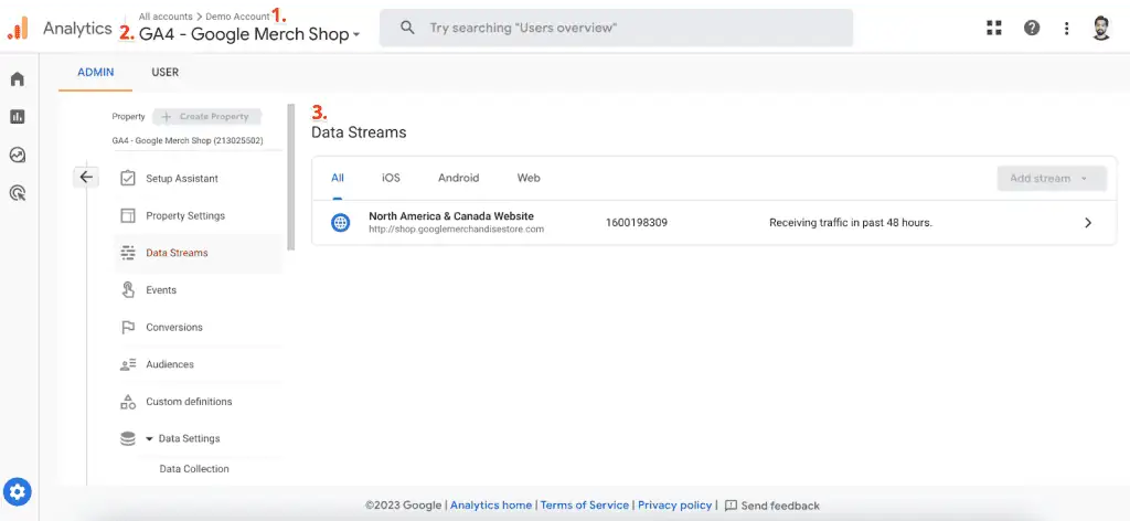 GA4 account, property, and data streams