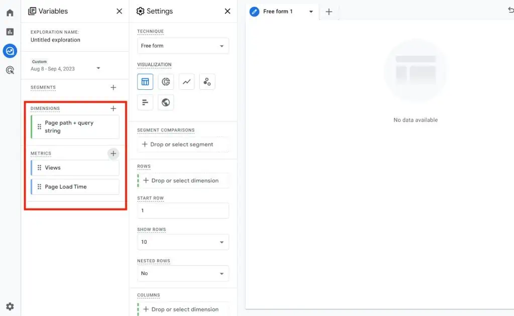 Importing dimensions and metrics to the Exploration report in GA4