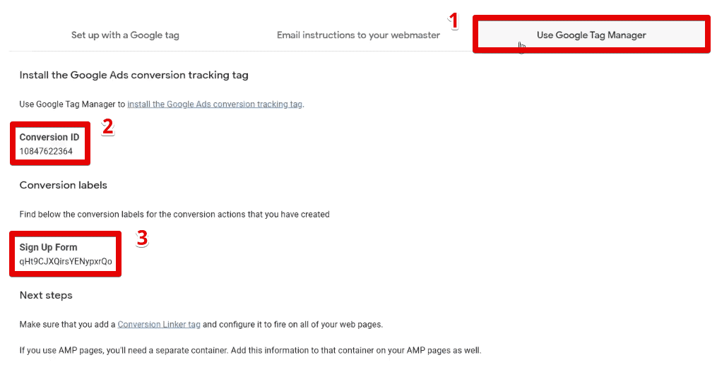 Instructions for installing the conversion tag in GTM