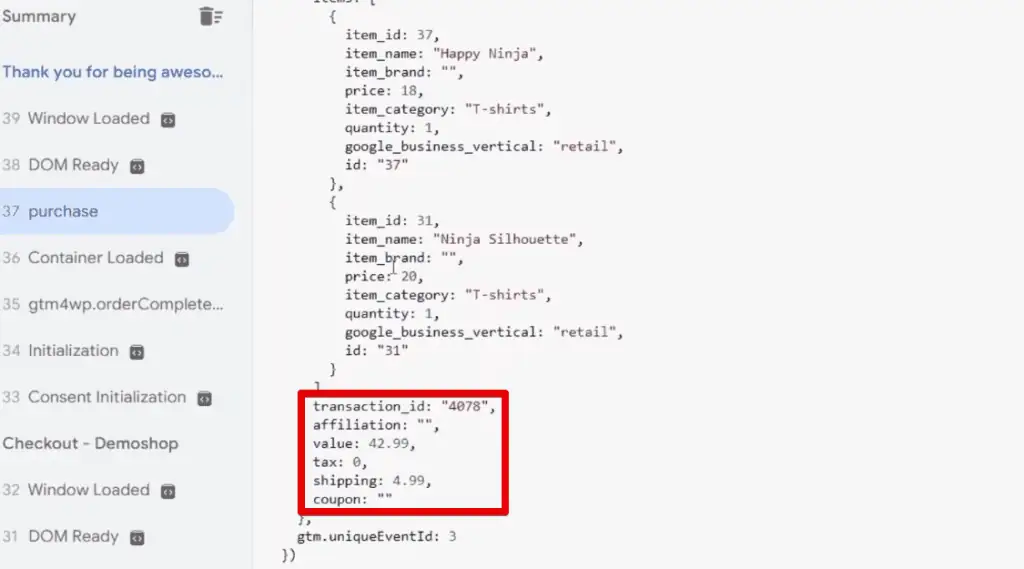 Purchase event data layer