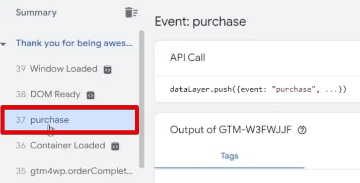Purchase event in the Tag Assistant