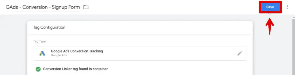 Saving the conversion tracking tag
