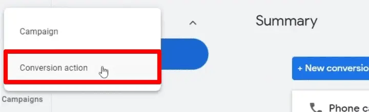 Second method of creating a new conversion action