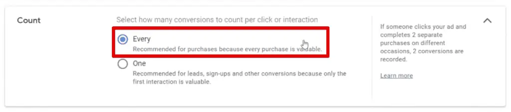 Selecting the Every Count option