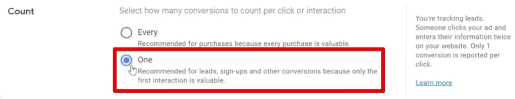 Selecting the One count option