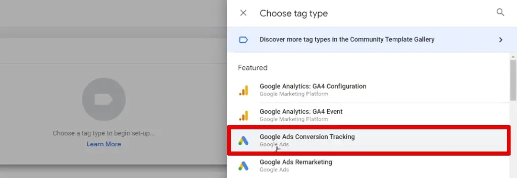 Selecting the conversion tracking template