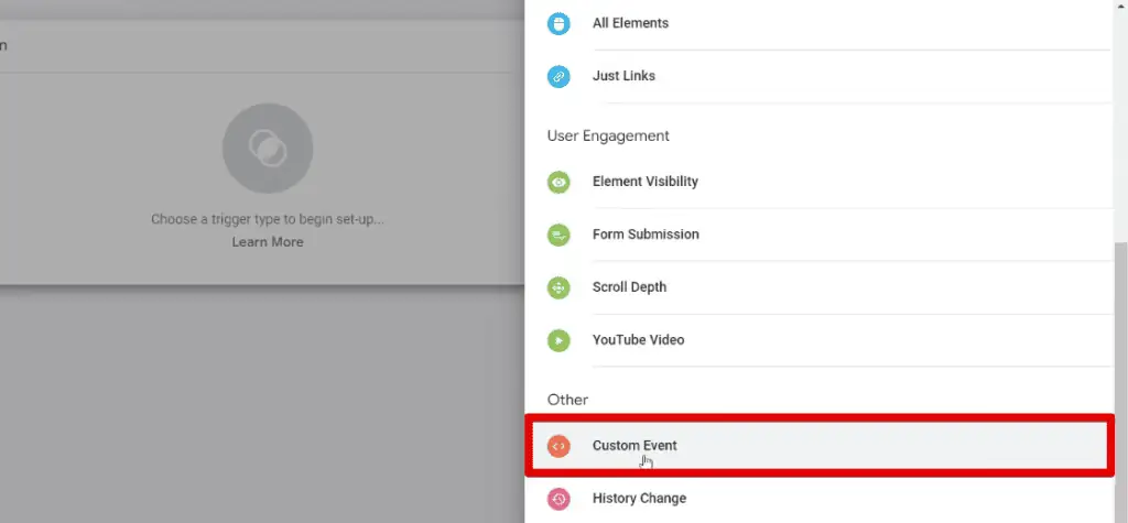 Selecting the custom event trigger type