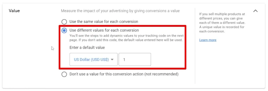 Setting different values for the conversion