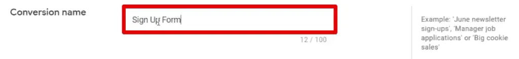 Setting the conversion name for the sign-up form