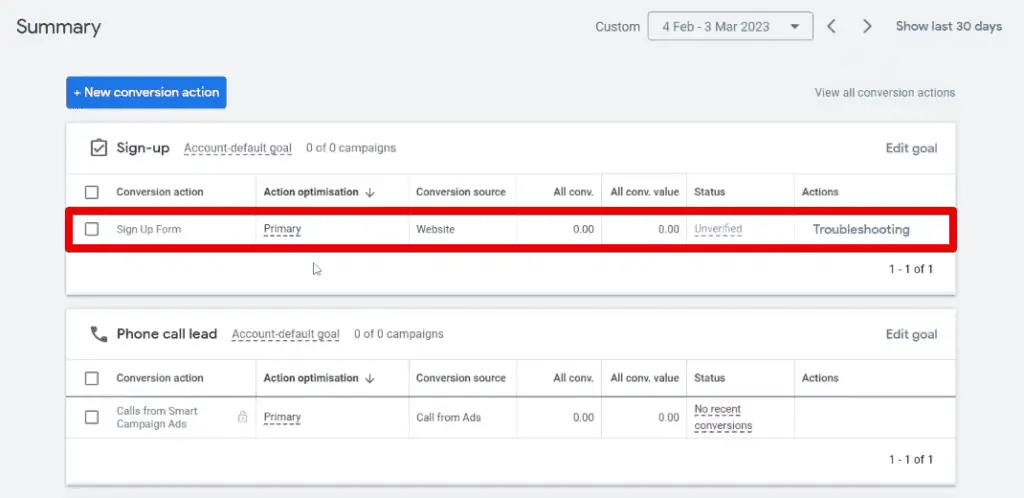 Sign-up form conversion action
