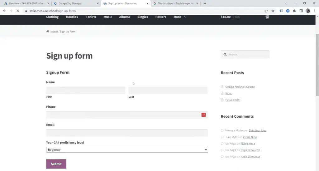 Sign-up form in the demo shop