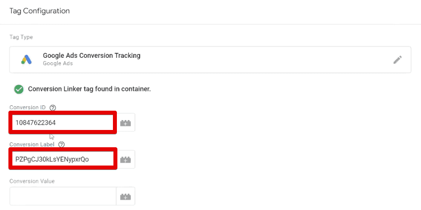 Specifying the conversion ID and conversion label for the purchase conversion