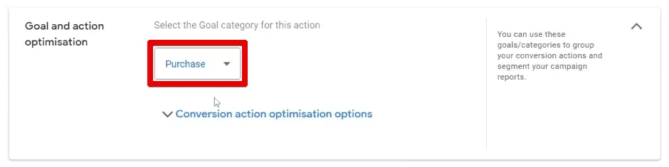 Specifying the purchase category for the conversion