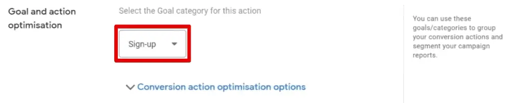 Specifying the sign-up category for the conversion