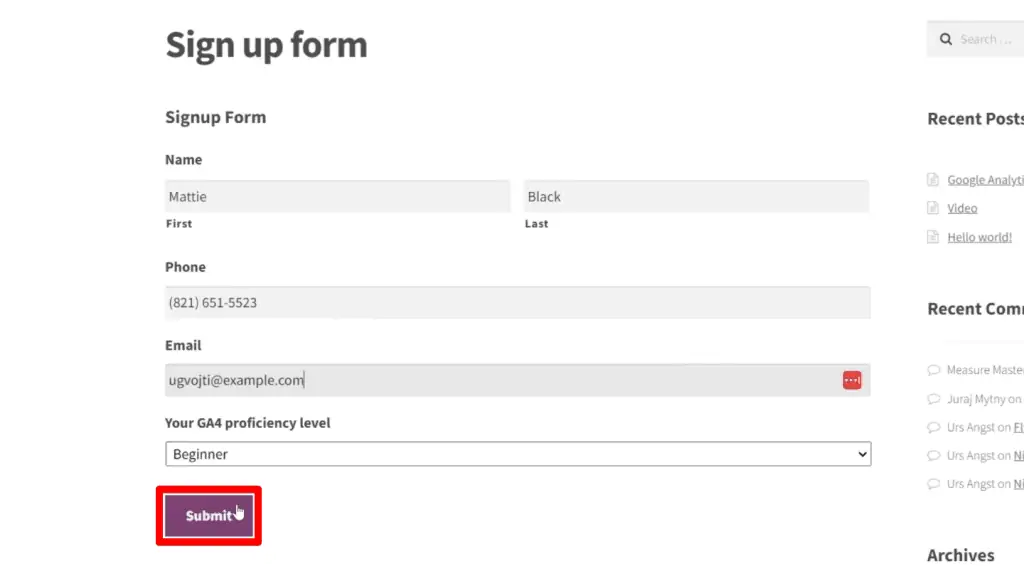 Submitting details for the sign-up form