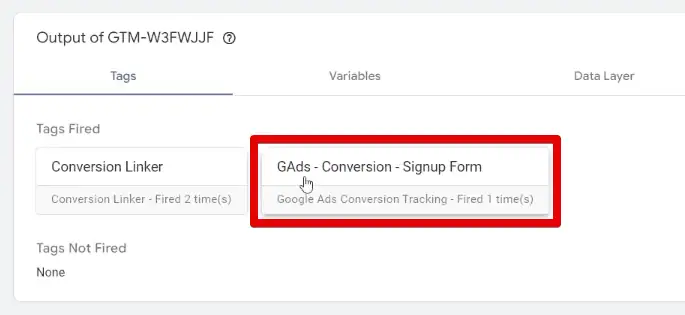 Successful firing of the conversion tracking tag