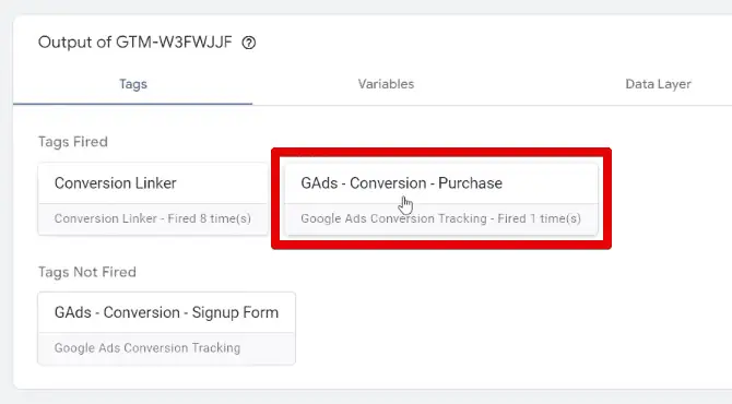 Successful firing of the purchase conversion tracking tag