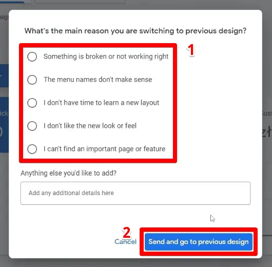 Switching to the previous design confirmation window