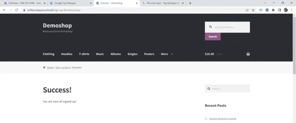 Thank you page upon submitting the form