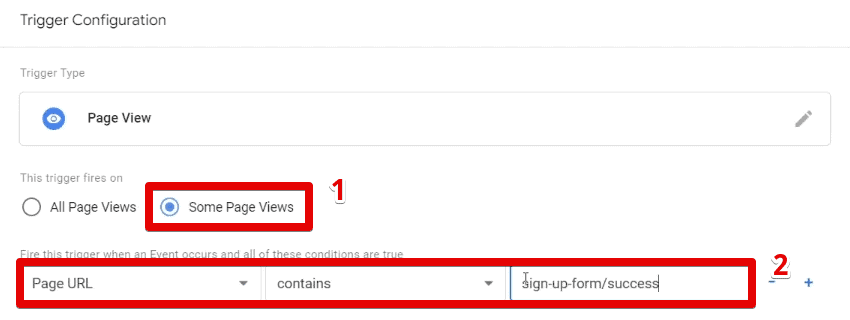 Trigger configuration for the sign-up thank-you page