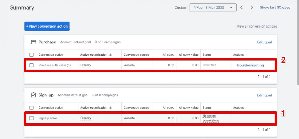 Updated status of the conversion actions