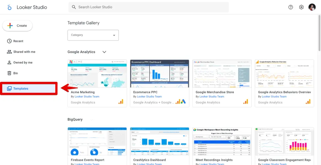 Accessing the Looker Studio template gallery
