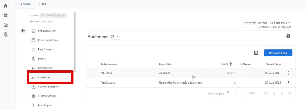 Audiences settings in the admin section