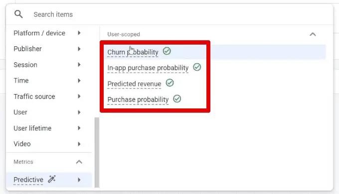 Available predictive metrics in GA4