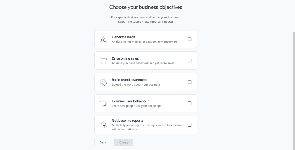 Business objective selections during property setup