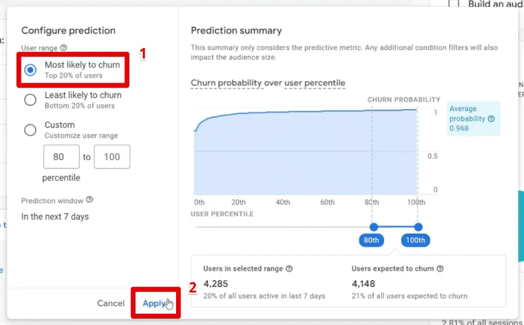 Churn probability prediction configuration