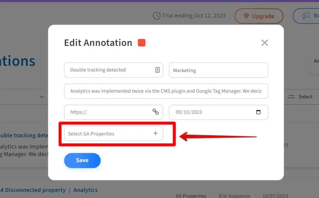 Clicking the select GA properties field in the extension