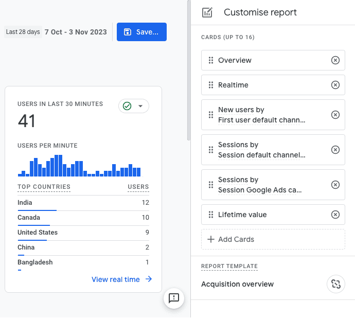 Customization options for an overview report