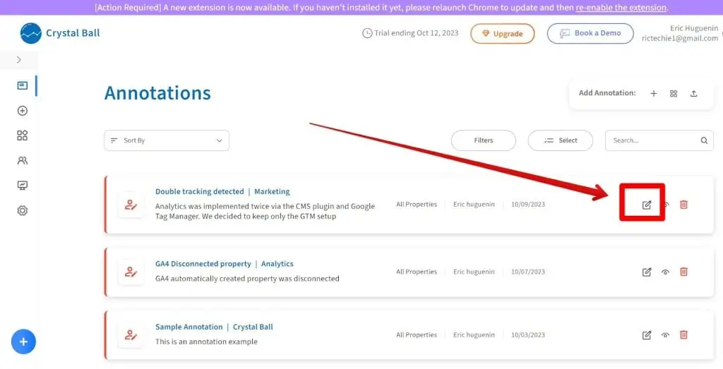 Editing an annotation in the GA4 extension