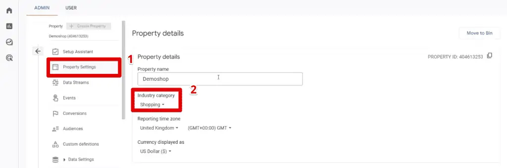 Industry category at the property settings